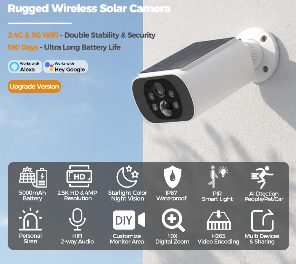 GuardAura® SolarCam 2.5K – 100% Wireless Solar Security Camera, 2.4G/5G WiFi, Color Night Vision & AI Detection
